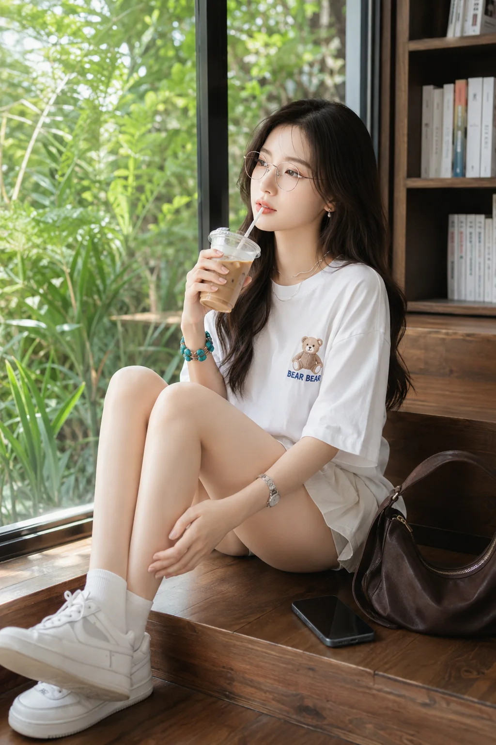 Cô Gái Thư Giãn Bên Khung Cửa Xanh